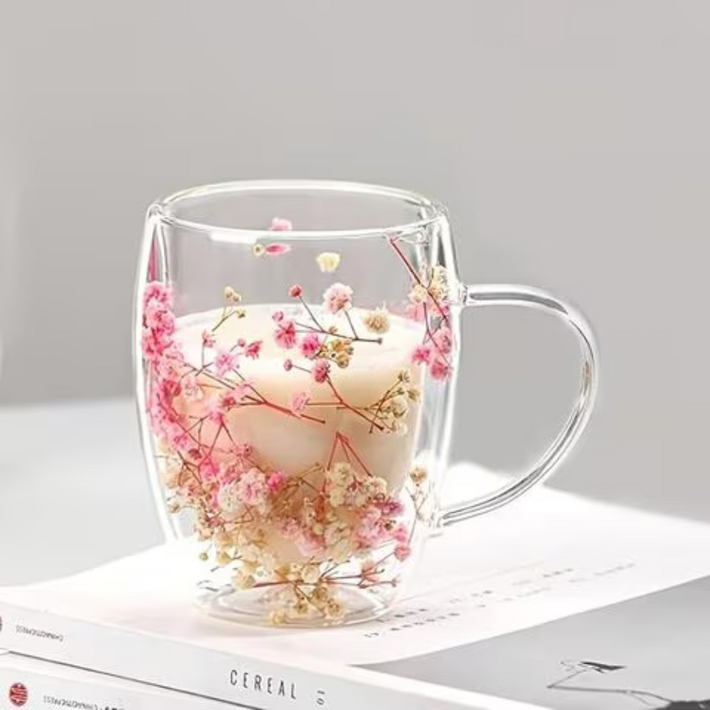 Borosilicate Double Wall Flower Coffee Cup Pink and Blue 350 ML (2 PCS Set)