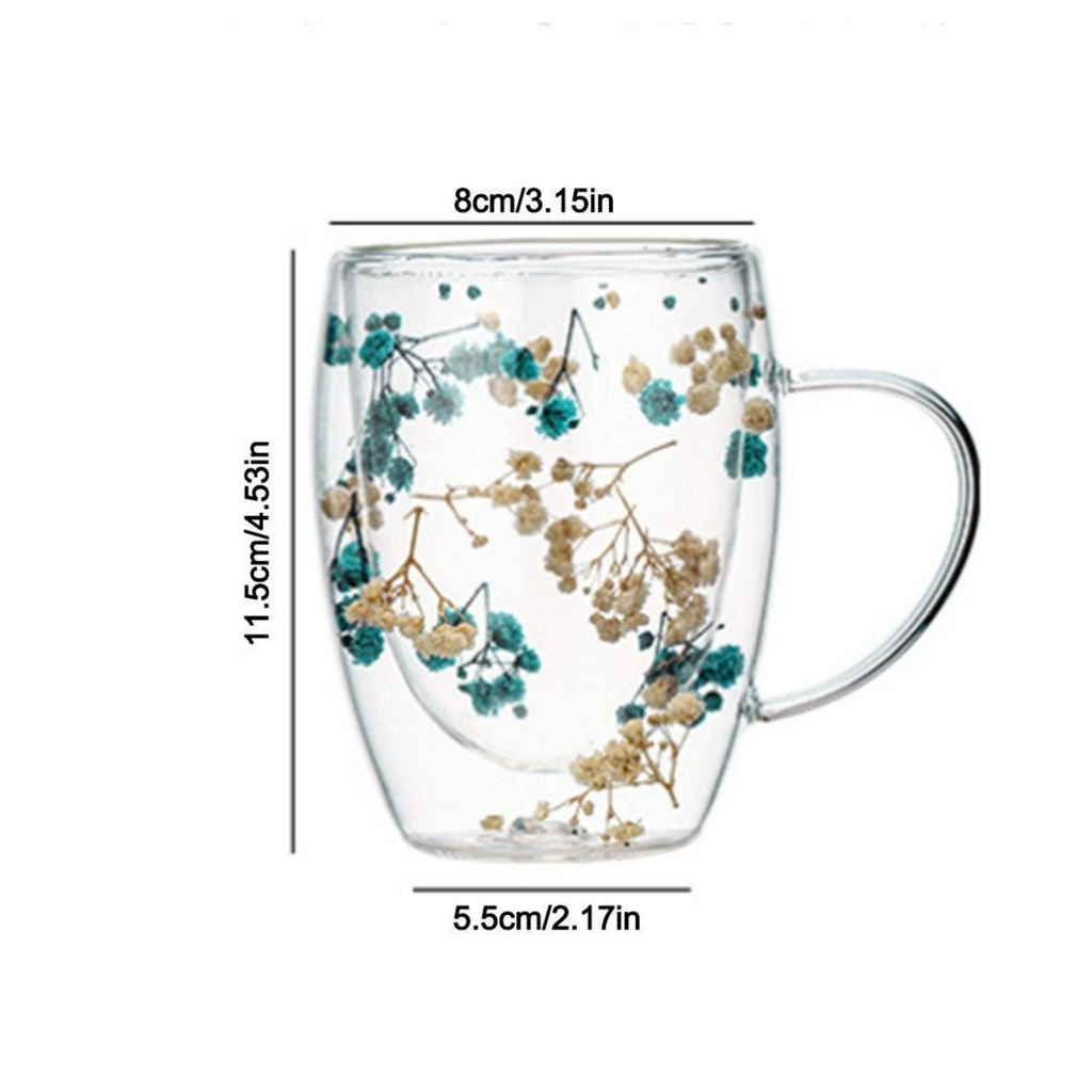 Borosilicate Double Wall Flower Coffee Cup Pink and Blue 350 ML (2 PCS Set)