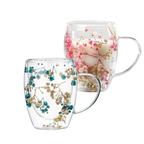 Borosilicate Double Wall Flower Coffee Cup Pink and Blue 350 ML (2 PCS Set)