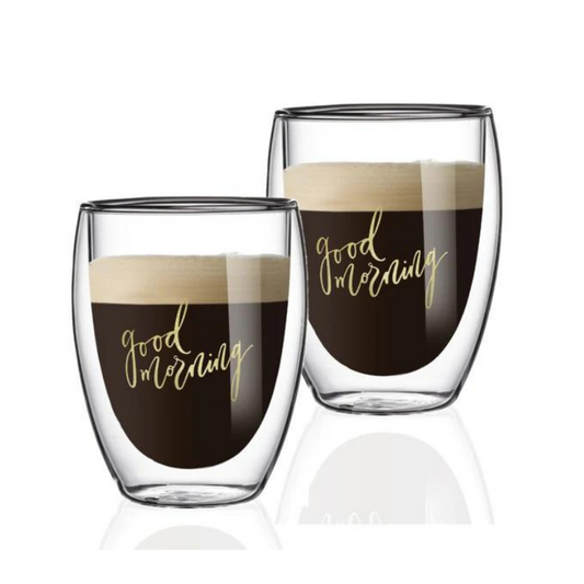 Double Wall Good Morning Printed Glass Cup 350 ML (Set of 2)
