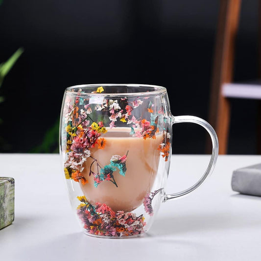 Borosilicate Double Wall Flower Glass Coffee Cups with Handle 350 ML