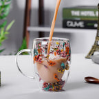 Borosilicate Double Wall Flower Glass Coffee Cups with Handle 350 ML