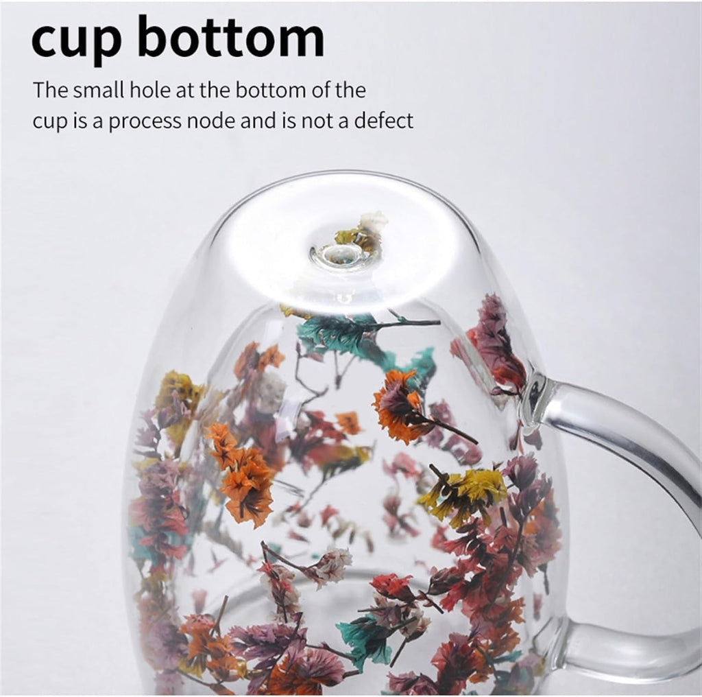 Borosilicate Double Wall Flower Glass Coffee Cups with Handle 350 ML