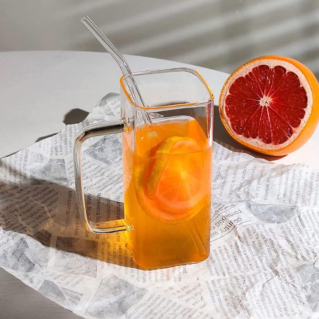 Set of 2 Square Borosilicate Glass Jars with Bamboo Lids, Glass Straws & Handles – 400ML Can-Shaped Drinking Cups for Juices, Coffee, Iced Tea & Smoothies