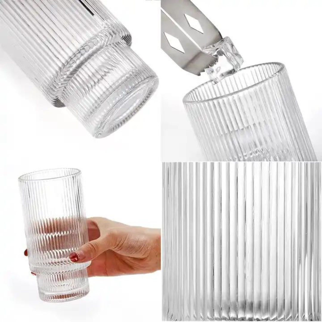 Ribbed Drinking Glasses with Bamboo Lids and Glass Straws 450 ML (Set of 4), Rippled Borosilicate Glassware