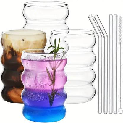 Ripple Shaped Drinking Glasses with Straws 330 ML (Set of 4) Ribbed Glassware