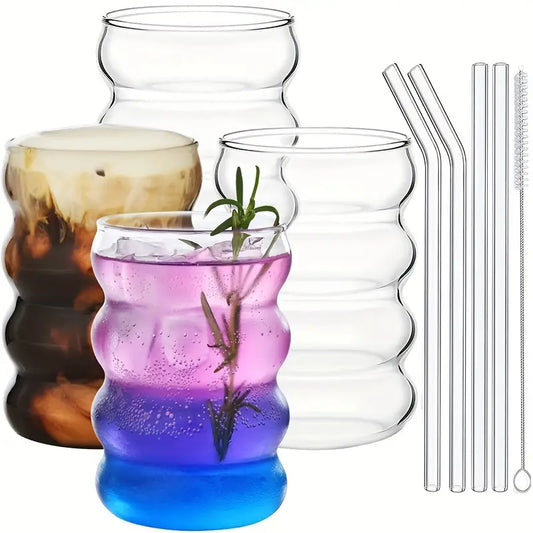 Ripple Shaped Drinking Glasses with Straws 330 ML (Set of 4) Ribbed Glassware