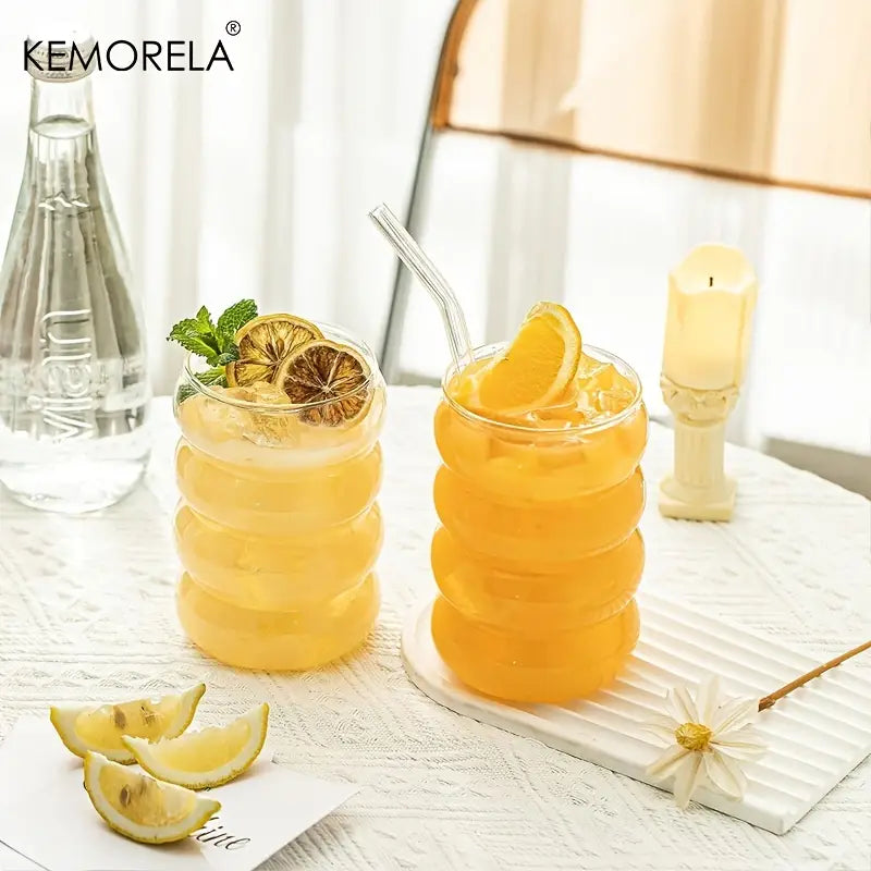 Ripple Shaped Drinking Glasses with Straws 330 ML (Set of 4) Ribbed Glassware