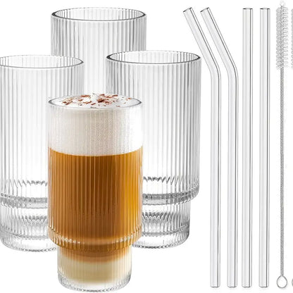 Ribbed Drinking Glasses with Glass Straws 450 ML (Set of 4), Rippled Borosilicate Glassware