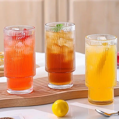 Ribbed Drinking Glasses with Glass Straws 450 ML (Set of 4), Rippled Borosilicate Glassware
