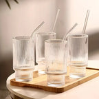 Ribbed Drinking Glasses with Glass Straws 450 ML (Set of 4), Rippled Borosilicate Glassware