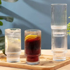 Ribbed Drinking Glasses with Bamboo Lids and Glass Straws 450 ML (Set of 4), Rippled Borosilicate Glassware