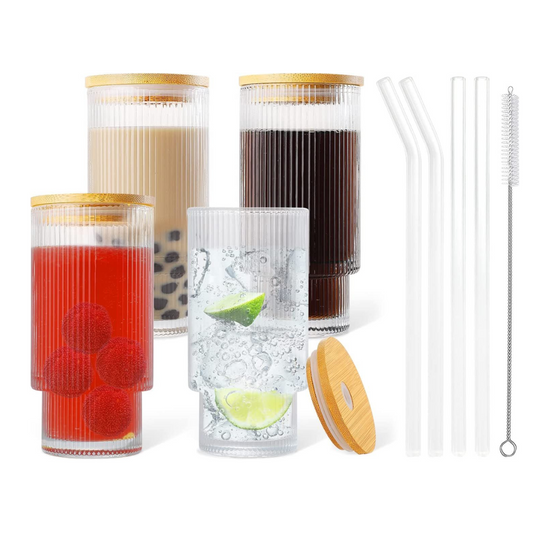 Ribbed Drinking Glasses with Bamboo Lids and Glass Straws 450 ML (Set of 4), Rippled Borosilicate Glassware