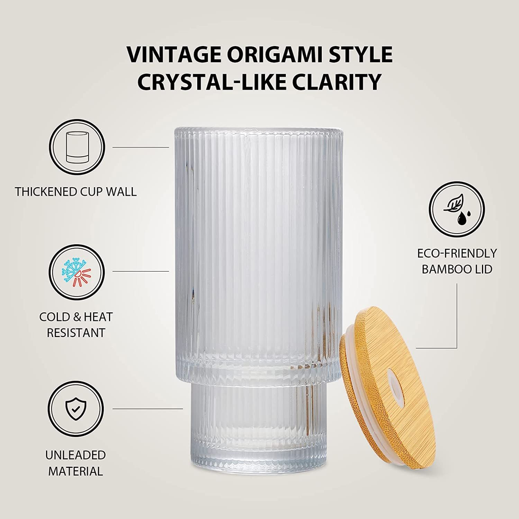 Ribbed Drinking Glasses with Glass Straws 450 ML (Set of 4), Rippled Borosilicate Glassware