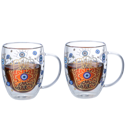 Borosilicate Evil Eye Printed Double Wall Glass with Handle and Straw 350 ML (Set of 2)