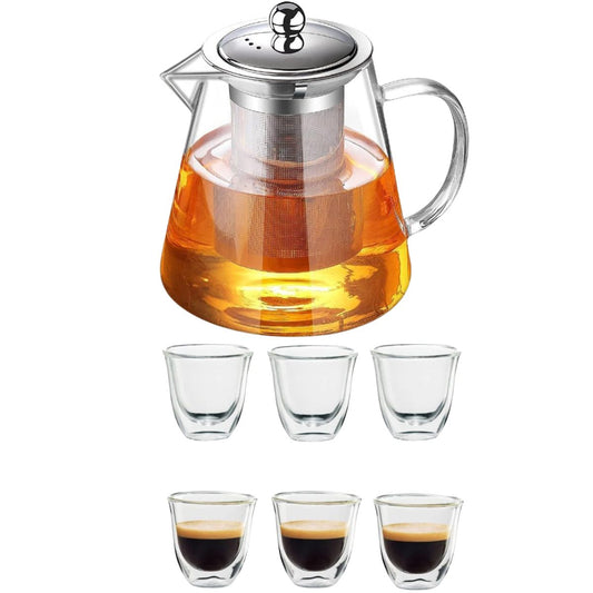 1CHASE Borosilicate Glass Teapot with Infuser (950 ML) & Double Wall Tea Coffee Cups (Set of 6, 80 ML) - Clear Glass Drinkware for Espresso, Americano, Loose Leaf & Blooming Tea Maker