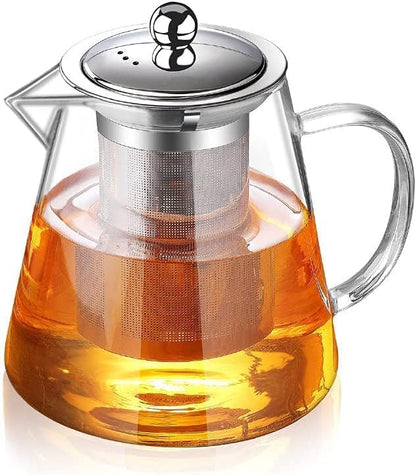 1CHASE Borosilicate Glass Teapot with Infuser (950 ML) & Double Wall Tea Coffee Cups (Set of 6, 80 ML) - Clear Glass Drinkware for Espresso, Americano, Loose Leaf & Blooming Tea Maker