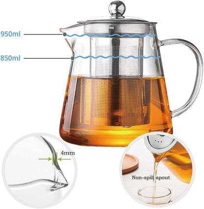 1CHASE Borosilicate Glass Teapot with Infuser 950 ML, Blooming and Loose Leaf Tea Maker, Removable Stainless Steel Infuser Teapot