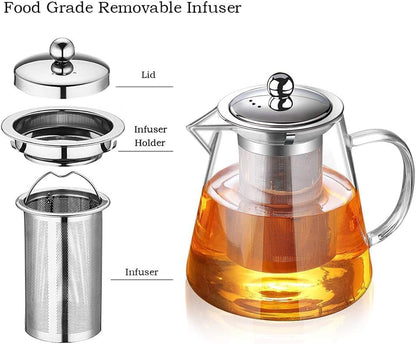 1CHASE Borosilicate Glass Teapot with Infuser 950 ML, Blooming and Loose Leaf Tea Maker, Removable Stainless Steel Infuser Teapot