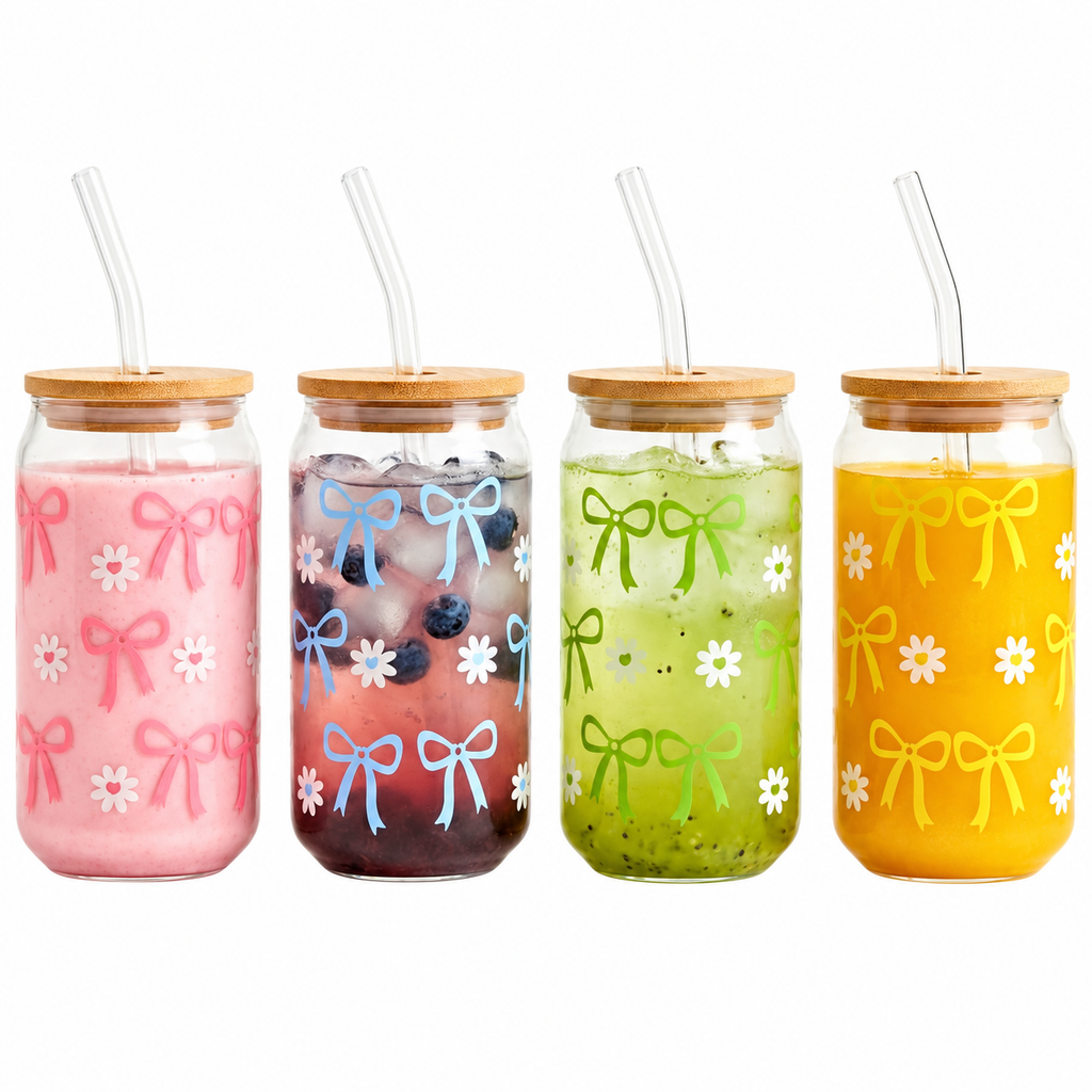 450ML Sipper Glass with Bow Print Set of 4, Mason Jar with Bamboo Lids & Glass Straws