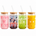 450ML Sipper Glass with Bow Print Set of 4, Mason Jar with Bamboo Lids & Glass Straws