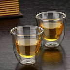 1CHASE Borosilicate Glass Teapot with Infuser (950 ML) & Double Wall Tea Coffee Cups (Set of 6, 80 ML) - Clear Glass Drinkware for Espresso, Americano, Loose Leaf & Blooming Tea Maker