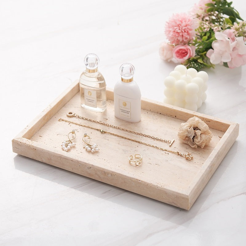 Natural Travertine Marble Tray Beige, For Jewels Perfume Makeup Tray, Coffee Table Tray