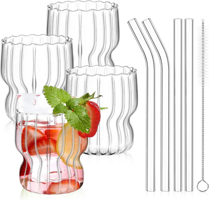 Rippled Drinking Glasses with Straws 330 ML (Set of 4), Ripple Borosilicate Glassware