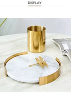 Natural Marble Tray White with Gold Edge - Vanity Trinket Tray, Decorative Tray for Bedroom