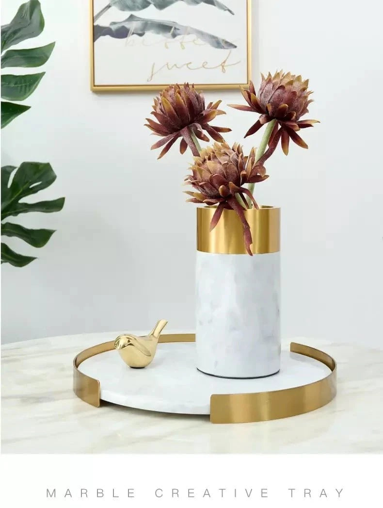 Natural Marble Tray White with Gold Edge - Vanity Trinket Tray, Decorative Tray for Bedroom