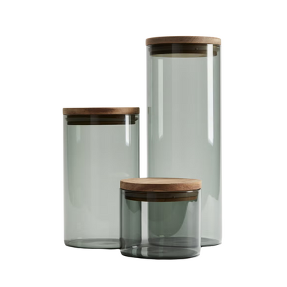 Borosilicate Glass Storage Jar Smoky Grey - (Set of 3) | Airtight Food Container with Acacia Wooden Lid | Durable & Stylish Kitchen Storage 600ML, 900ML, 1300ML