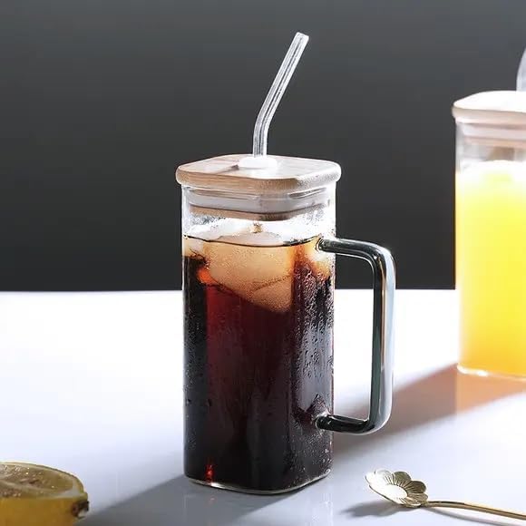 Set of 2 Square Borosilicate Glass Jars with Bamboo Lids, Glass Straws & Handles – 400ML Can-Shaped Drinking Cups for Juices, Coffee, Iced Tea & Smoothies