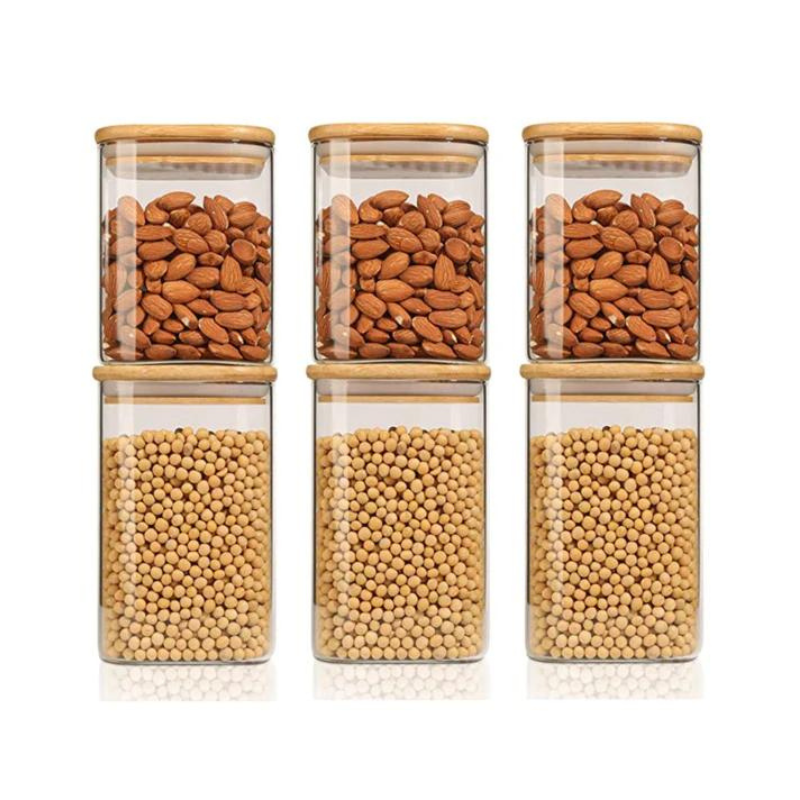 Square Food Storage Jar with Airtight Bamboo Lid – Set of 6