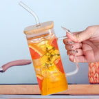Set of 2 Square Borosilicate Glass Jars with Bamboo Lids, Glass Straws & Handles – 400ML Can-Shaped Drinking Cups for Juices, Coffee, Iced Tea & Smoothies