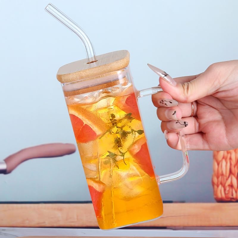 Set of 2 Square Borosilicate Glass Jars with Bamboo Lids, Glass Straws & Handles – 400ML Can-Shaped Drinking Cups for Juices, Coffee, Iced Tea & Smoothies