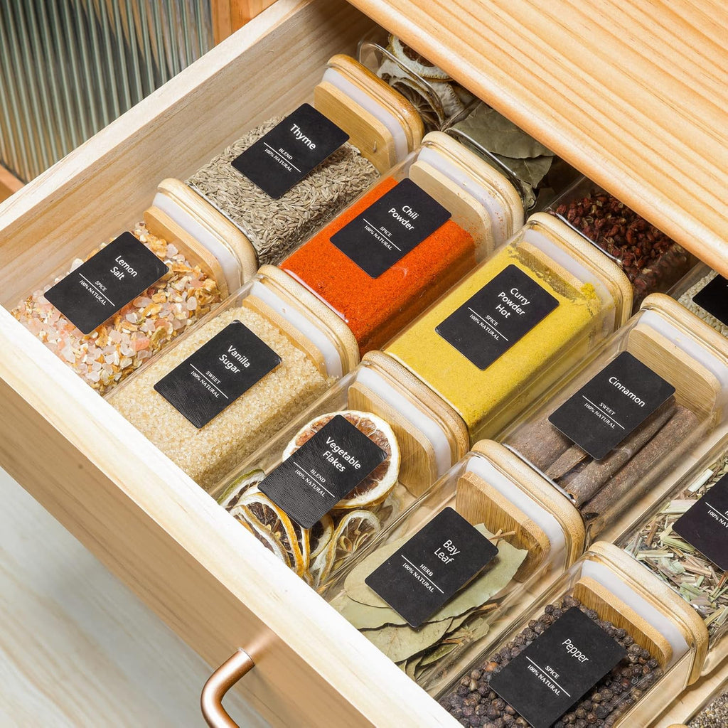 Borosilicate Square Glass Storage Jars with Bamboo Lid and Chalkboard Labels 200 ML (Pack of 10)