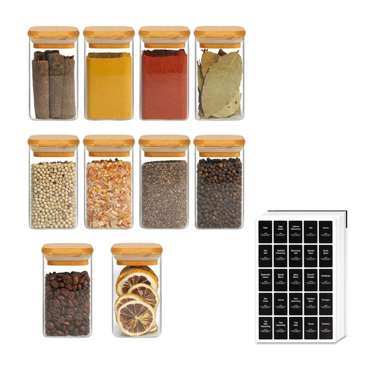 Borosilicate Square Glass Storage Jars with Bamboo Lid and Chalkboard Labels 200 ML (Pack of 10)