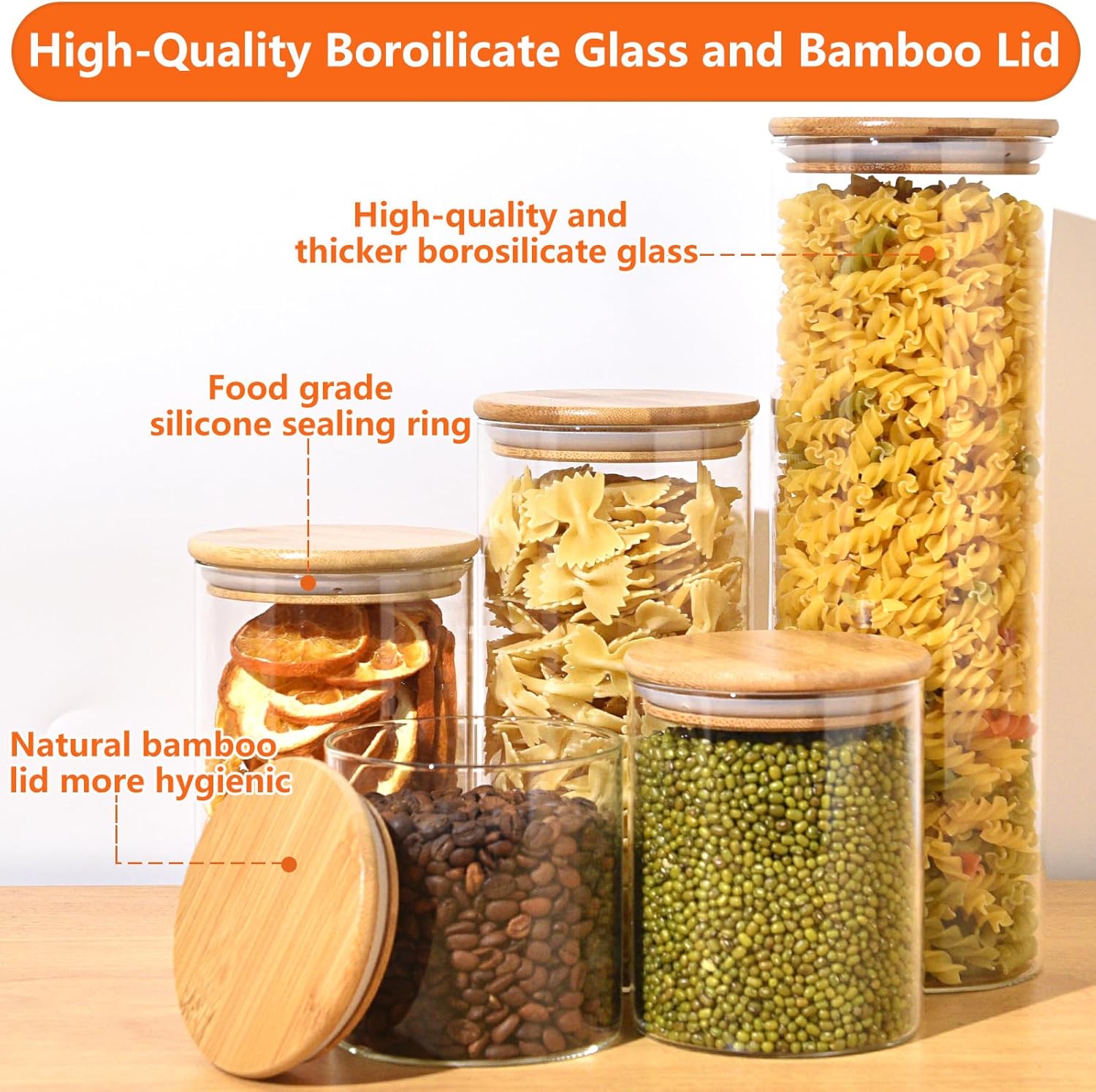 Borosilicate Round Glass Spice Jar With Airtight Bamboo Lids and Chalkboard Labels 290 ML (Pack of 10)