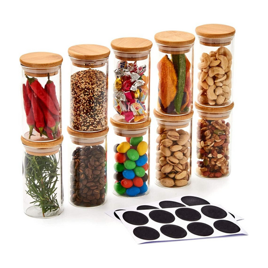 Borosilicate Round Glass Spice Jar With Airtight Bamboo Lids and Chalkboard Labels 290 ML (Pack of 10)