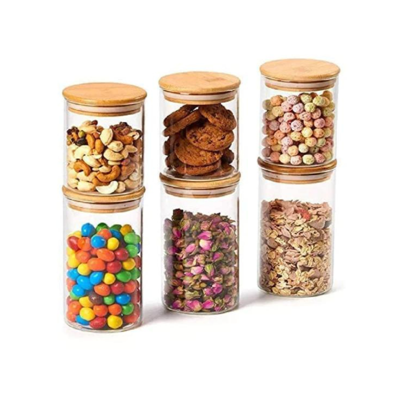 Round Glass Food Storage Jar With Airtight Bamboo Lid, Set Of 6