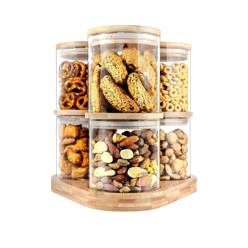 Borosilicate Glass Food Storage Jars with Bamboo Lids and Wooden Base (Set of 6 of 16oz)