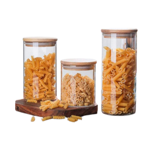 Glass Storage Jar with Air tight Bamboo Lid, Set Of 3