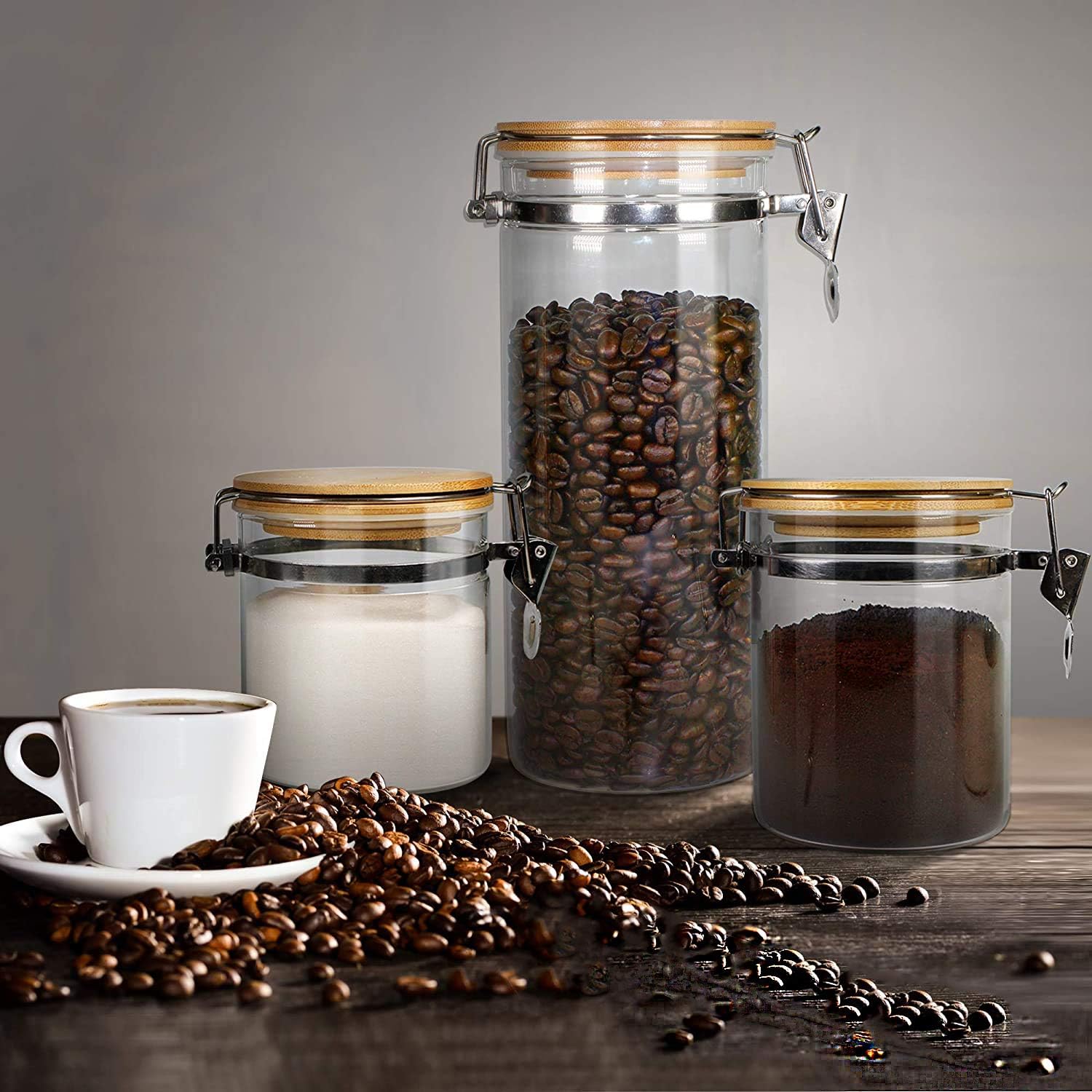Borosilicate Glass Storage Jar With Clip and Airtight Bamboo Lid (Set of 2)