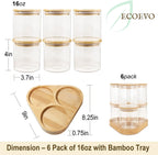 Borosilicate Glass Food Storage Jars with Bamboo Lids and Wooden Base (Set of 6 of 16oz)