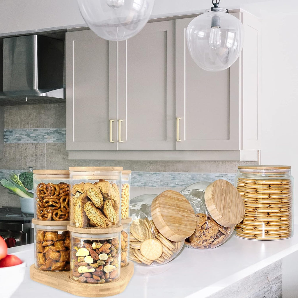 Borosilicate Glass Food Storage Jars with Bamboo Lids and Wooden Base (Set of 6 of 16oz)