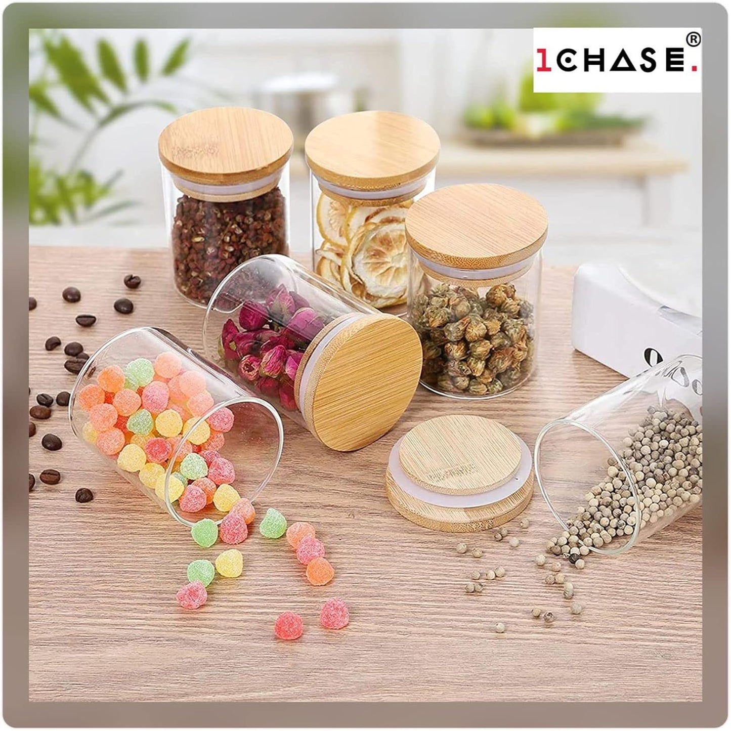 Borosilicate Round Glass Spice Jar With Bamboo Lids and Chalk Board Labels 180 ML( Pack of 10)
