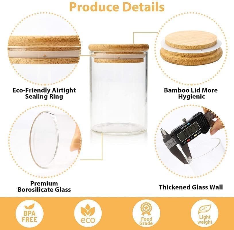 Hũ gia vị thủy tinh tròn nhỏ borosilicate có nắp tre và nhãn viết bảng đen, 10 chiếc