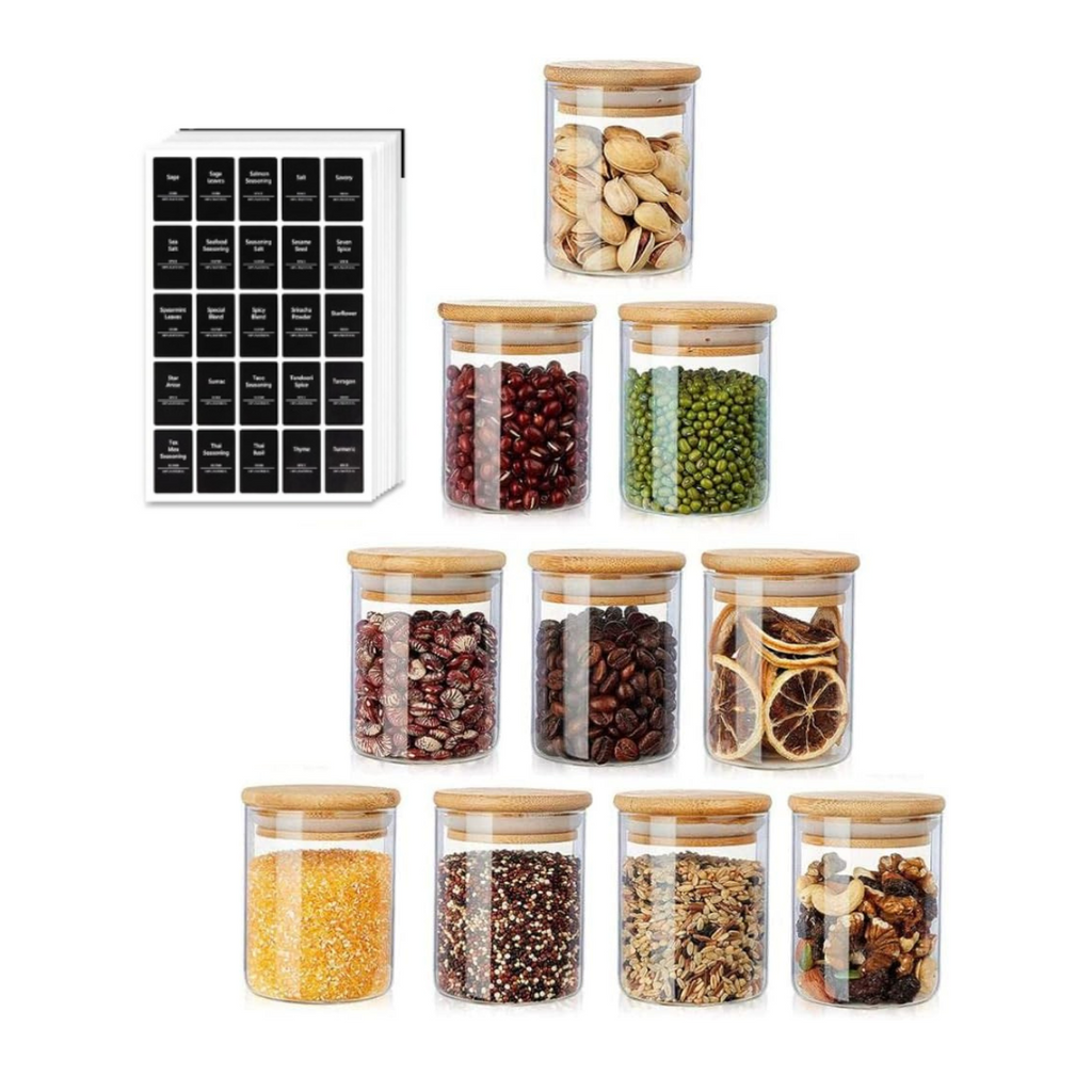 Hũ gia vị thủy tinh tròn nhỏ borosilicate có nắp tre và nhãn viết bảng đen, 10 chiếc