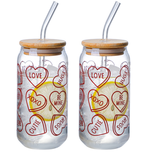 Borosilicate Valentine-themed Patterns Drinking Glasses With Bamboo Lid 550 ML (Set of 2)
