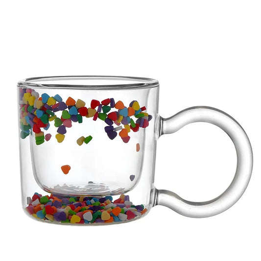 Borosilicate Double Wall Glass Tea, Coffee Cup With Heart & Liquid Sand Decoration 200 ML